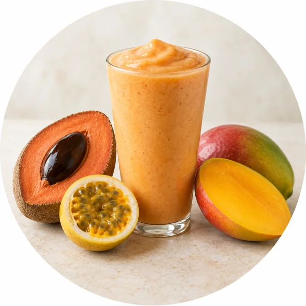 Illustration of a tropical smoothie with mamey, passion fruit and mango